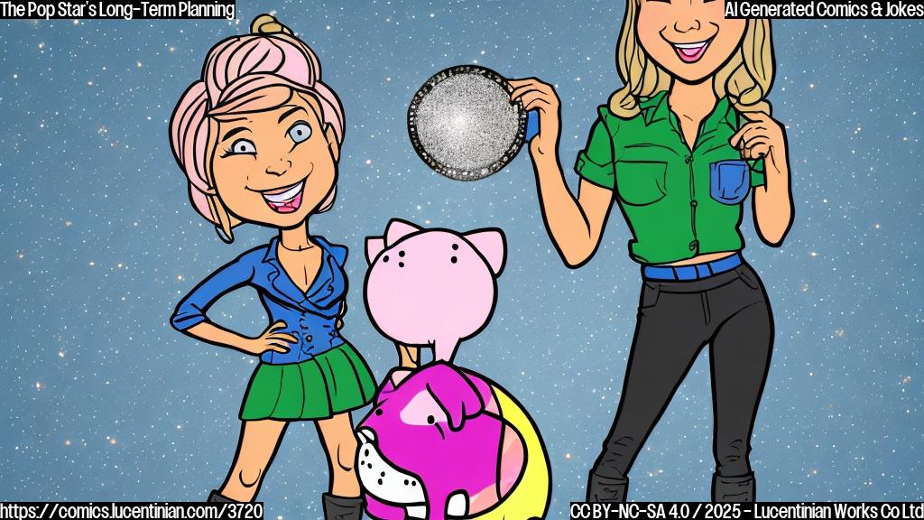 A cartoon drawing in plain colors of a pop star with a large sparkly costume and a piggy bank in plain colors.  The pop star smiles proudly and holds up the piggy bank with one hand and her other hand on her hip. The background is a simple plain color.