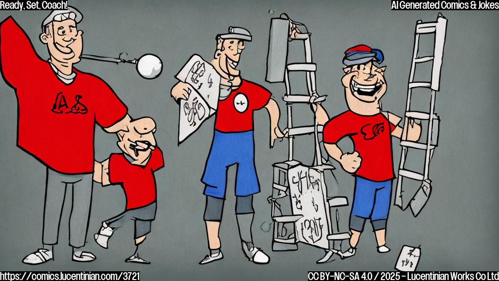 A cartoon drawing in plain colors of a football coach carrying a ladder and smiling widely at a press conference with a podium and microphones in the background, with the style of simple, single-color cartoon.