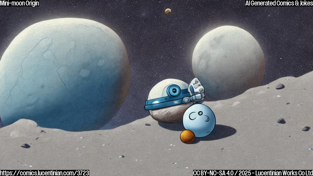 A simple cartoon of a small rock with a sad expression, wearing a tiny pilot’s helmet, next to a larger, smiling moon. Both are plain colored.  The background is a plain light blue.