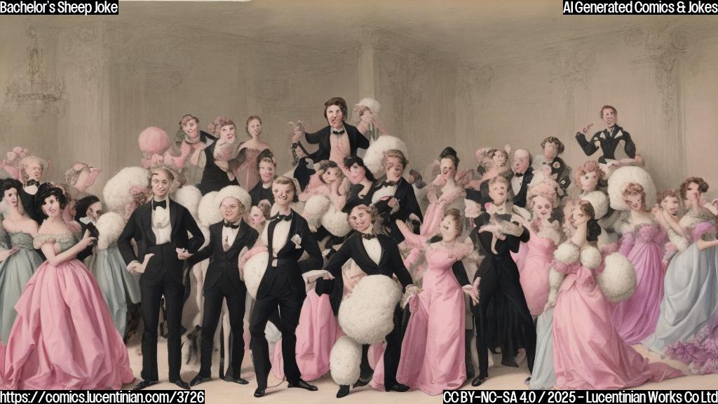 A cartoon drawing of a smiling bachelor in a tuxedo holding a fluffy sheep, surrounded by a group of diverse women in cocktail dresses, all in a single flat color scheme of pastel pink. The style should be simple and clean.