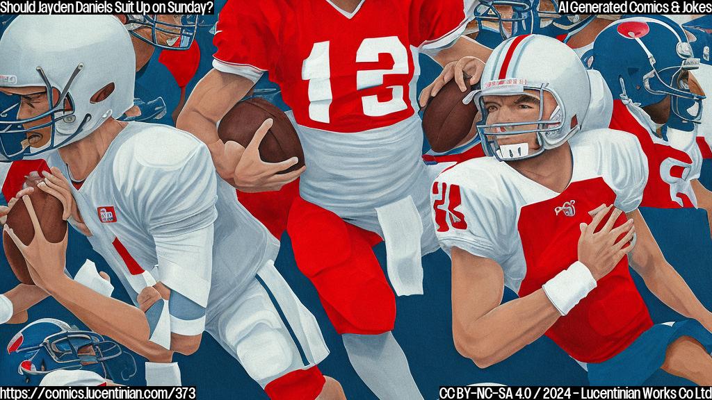 A cartoon style picture of a person wearing a football jersey and holding a pillow, with a quarterback arm cast and lying on a medical table in the background. The quarterback is surrounded by football helmets and pads, with a defensive line of giant pillows blocking them.