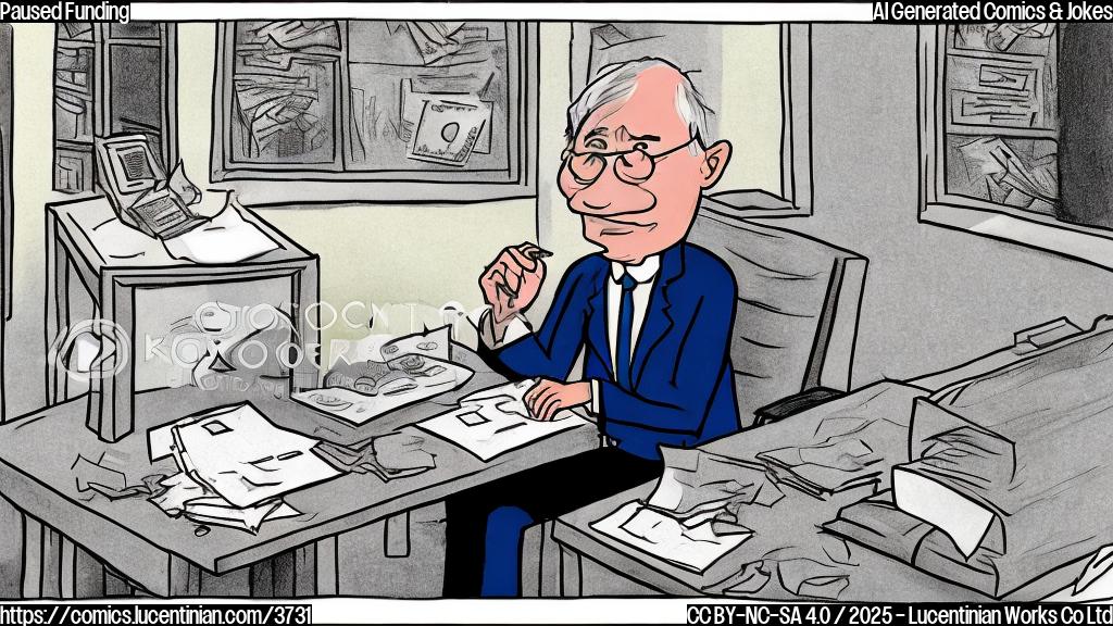 A simple cartoon drawing in plain colors of a sad-looking person wearing a suit, sitting at a desk with an empty money bag next to him, with the caption "Paused Funding".