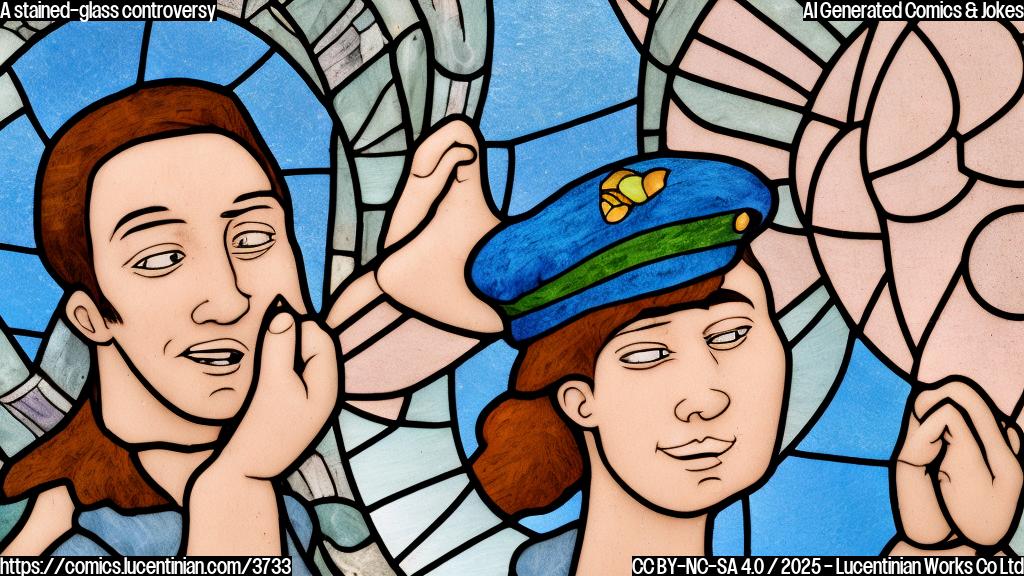 A cartoon of a person looking sadly at a small stained-glass window that shows a faint stain and is crying.  The background is a plain light blue color.  Use a plain color style with no shading or gradients. The person is wearing a beret and striped shirt.