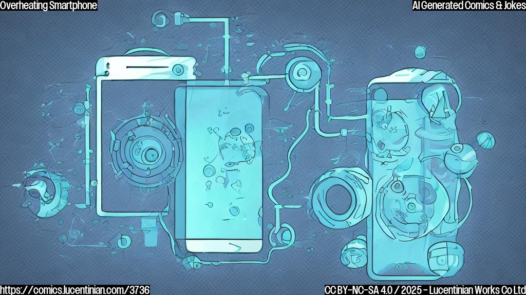 A simple cartoon of two anthropomorphic smartphones, one with a large vapor chamber, arguing. One smartphone is visibly sweating. Use only shades of blue and green.