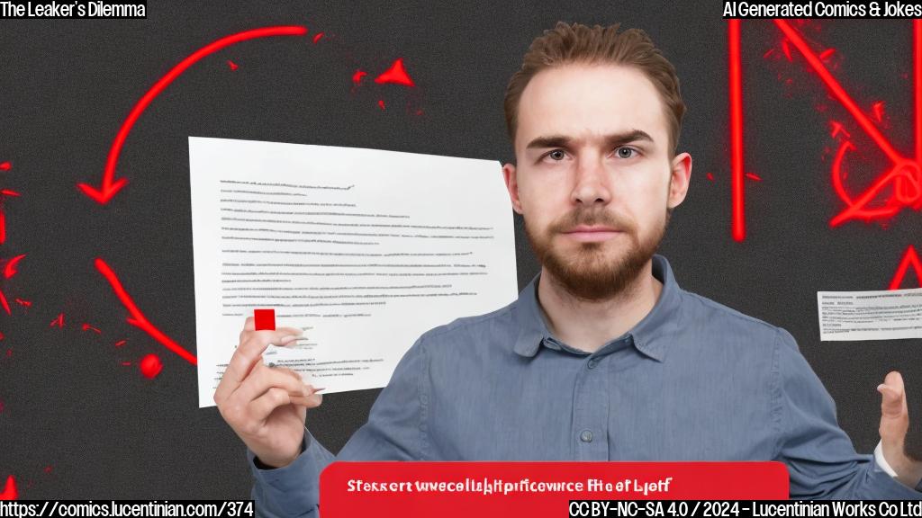 A person with a sheepish expression and a red X marked through their forehead, standing in front of a computer screen displaying a scrolling document with a red "leaked" stamp on it.
