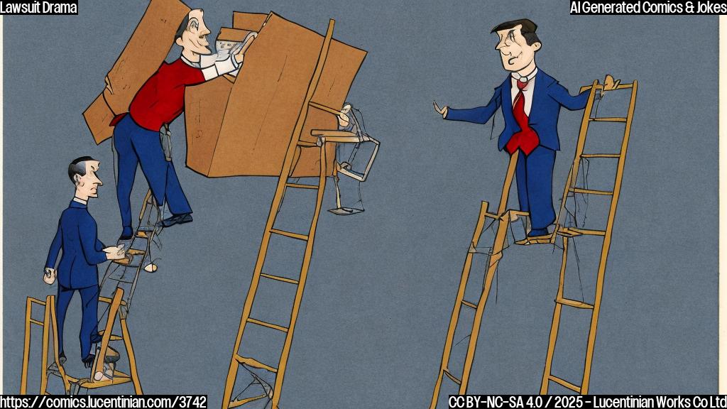 A cartoon drawing of a lawyer in a plain blue suit and red tie using a ladder to reach high papers. Style: plain color cartoon.