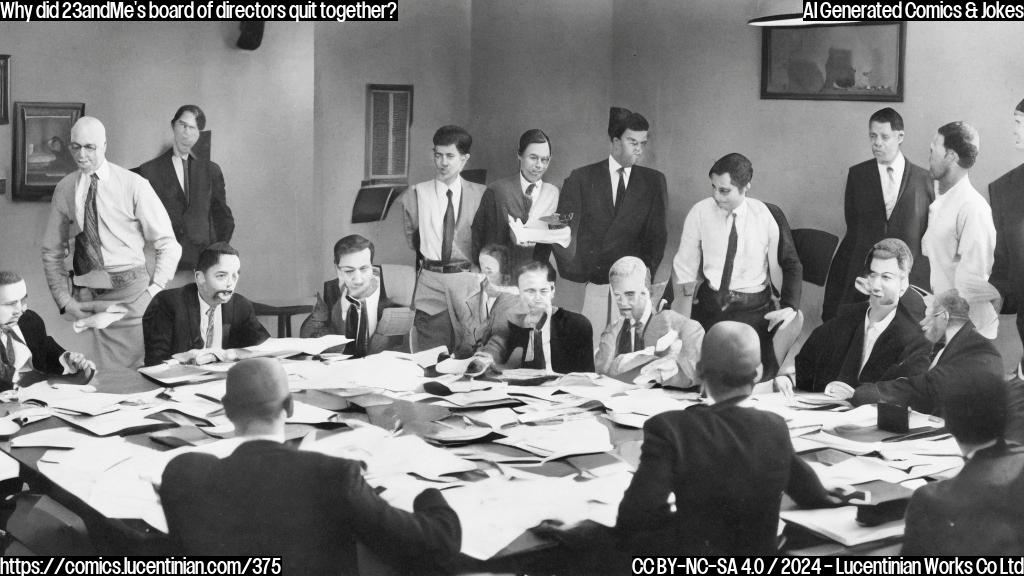 "A group of people sitting around a table, all wearing similar business attire, with one person standing up and walking out of the room while the others look shocked. The person who just left has a briefcase in hand, and the remaining ones are holding pens and papers as if they're about to make an important decision."