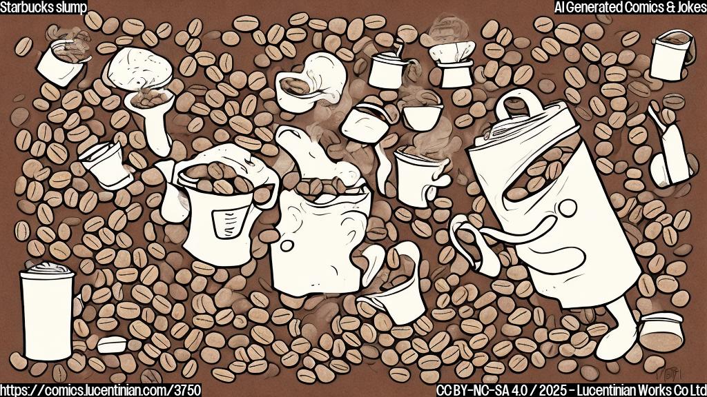 A cartoon of a sad-looking coffee bean wearing a Starbucks apron, surrounded by other equally sad coffee beans.  Simple line art, plain brown and beige colors only.