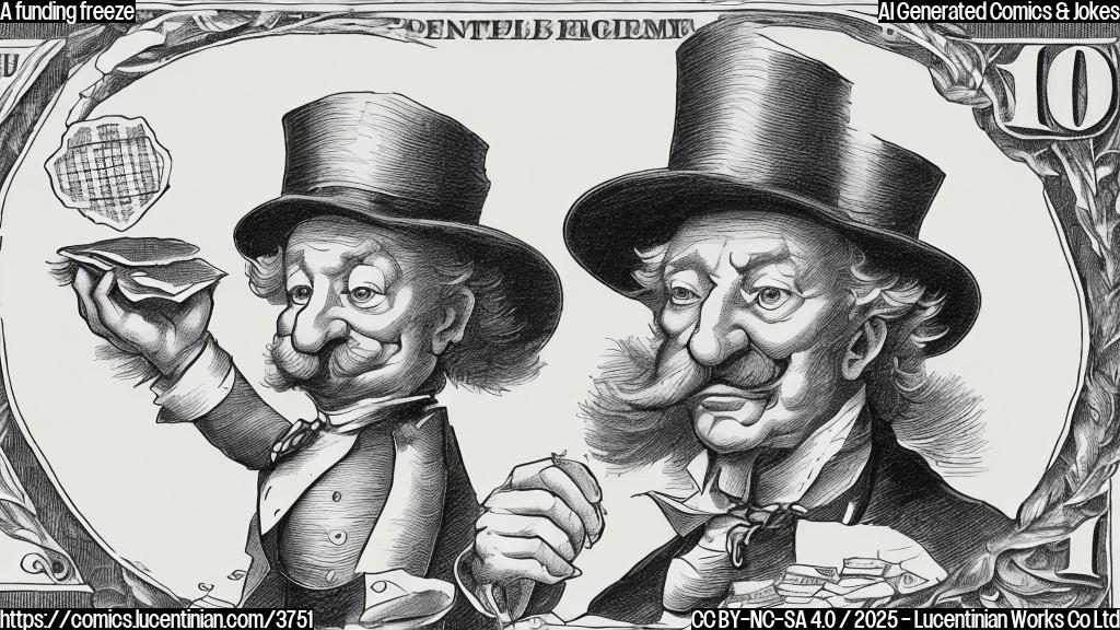 A simple cartoon drawing in plain colors, a single panel with a personified government represented as a large, serious-looking figure with a top hat and a monocle sitting on a large pile of money. The figure is holding an ice cube in one hand, the other hand holding a document titled "Budget", with a worried expression. Style: simple, flat cartoon