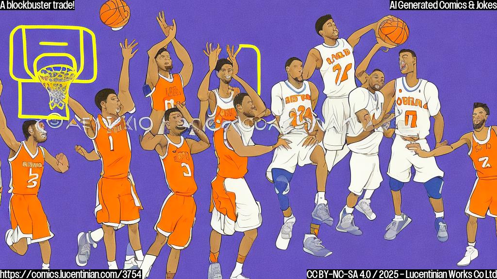 A cartoon of two basketball teams, one is sad and the other is happy. The sad team is wearing orange uniforms and looks disappointed. The happy team is wearing purple and looks excited. The background is a basketball court. Use plain colors.