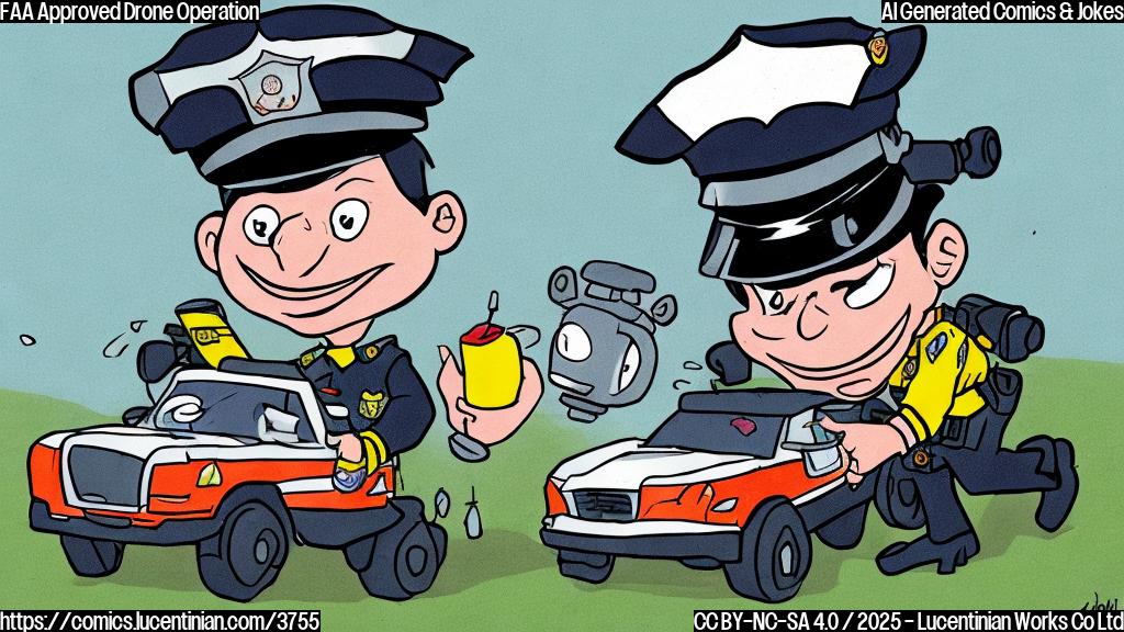 A cartoon drawing of a drone with a comical expression,  wearing a tiny police officer hat and getting pulled over by a miniature police car, simple background, plain colors.