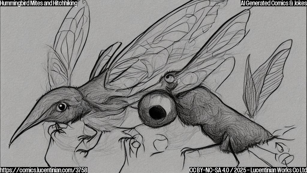 A simple cartoon drawing of a tiny mite with big eyes and multiple legs, clinging to a hummingbird's beak. The drawing should be in a single, muted color, perhaps a soft green or brown. The background should be plain white.