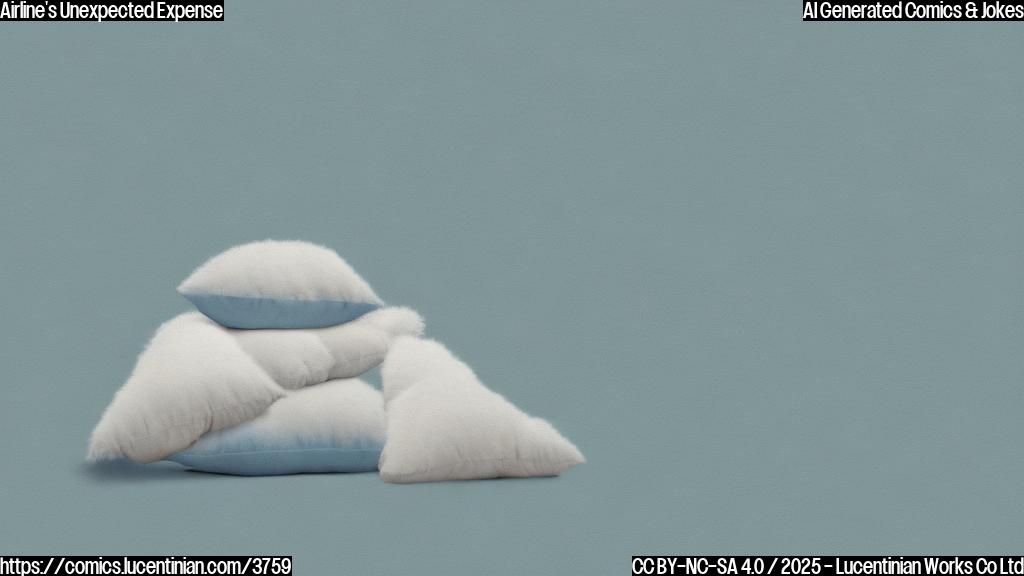 A plain color cartoon of a large pile of fluffy pillows next to a sad looking airplane. The background is a simple light blue. The style is minimalist and uses only a few colors.