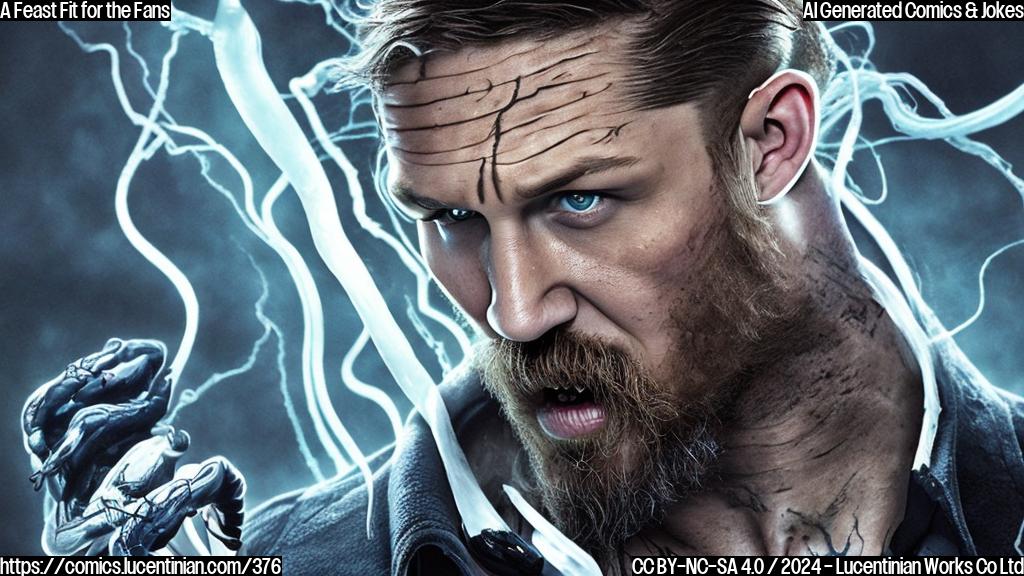 Draw a plain color cartoon style picture of Tom Hardy's character from the Venom franchise, wearing a determined expression while holding a vial of venom. The background should be a dark, gradient blue.