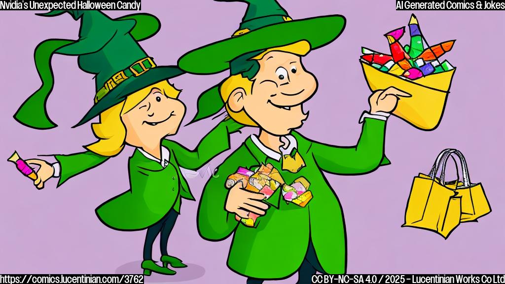 A cartoon drawing of a green stock chart with a smiling face, wearing a witch's hat and holding a bag of candy. Simple color scheme with a plain background.