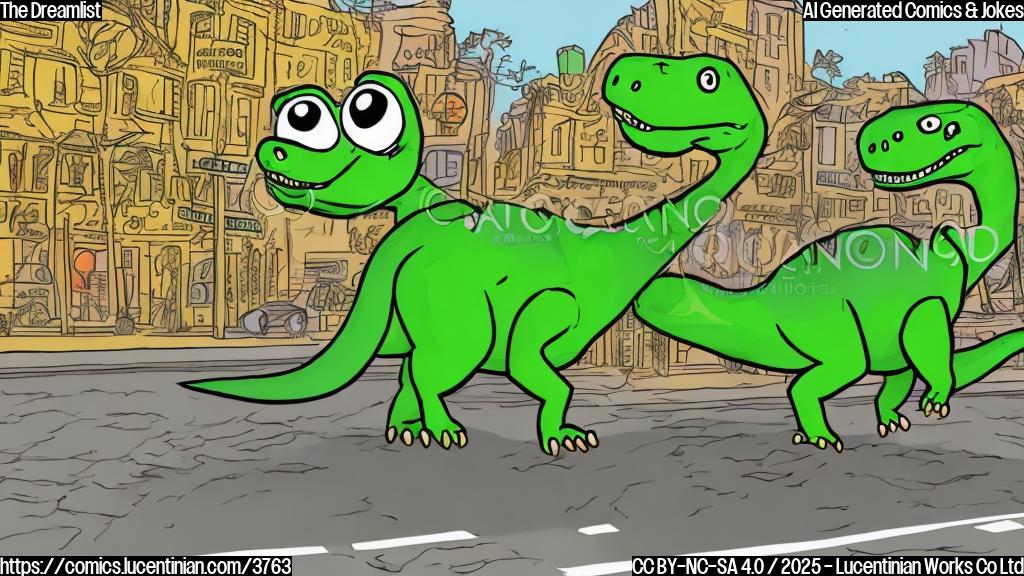 A cartoon drawing of a dinosaur with big eyes and bright green color, crossing a road with a sign that says "Dreamlist". The style is simple and uses only a few colors, primarily different shades of green and brown.