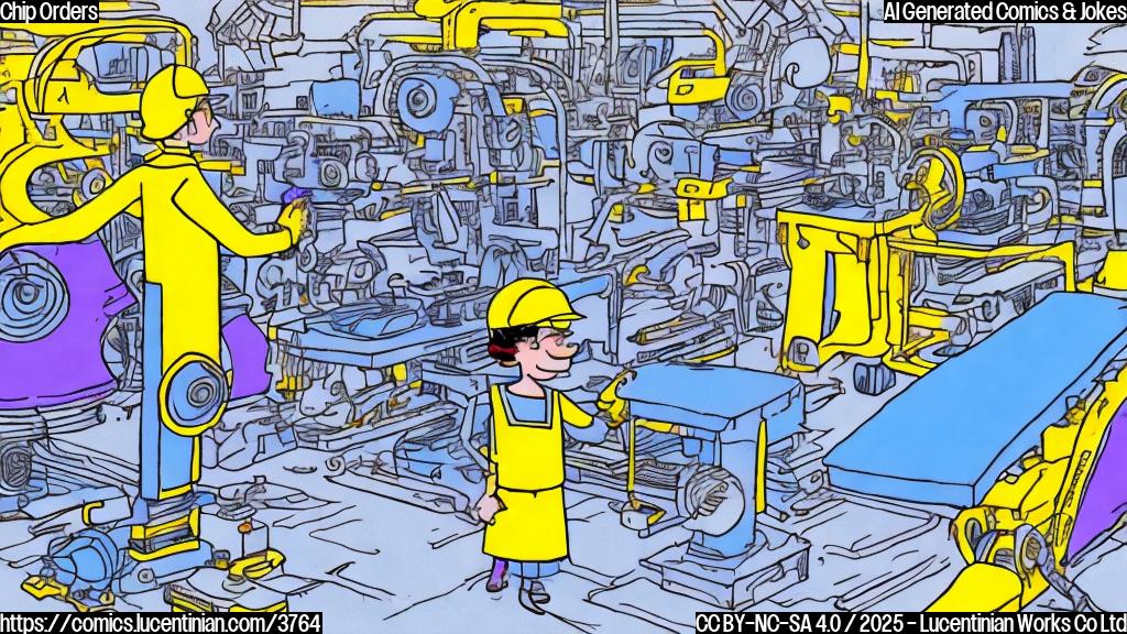 A cartoon drawing of a simple person in a factory outfit happily looking at many complex machines. The background is plain light blue, the person is yellow and the machines are light purple.