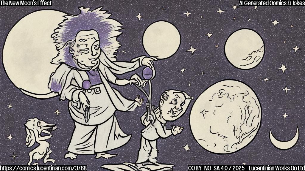 A cartoon drawing in plain colors of an astrologer with crazy eyes and hair wearing a purple robe, looking at the moon with a telescope, in the background is a crescent moon.