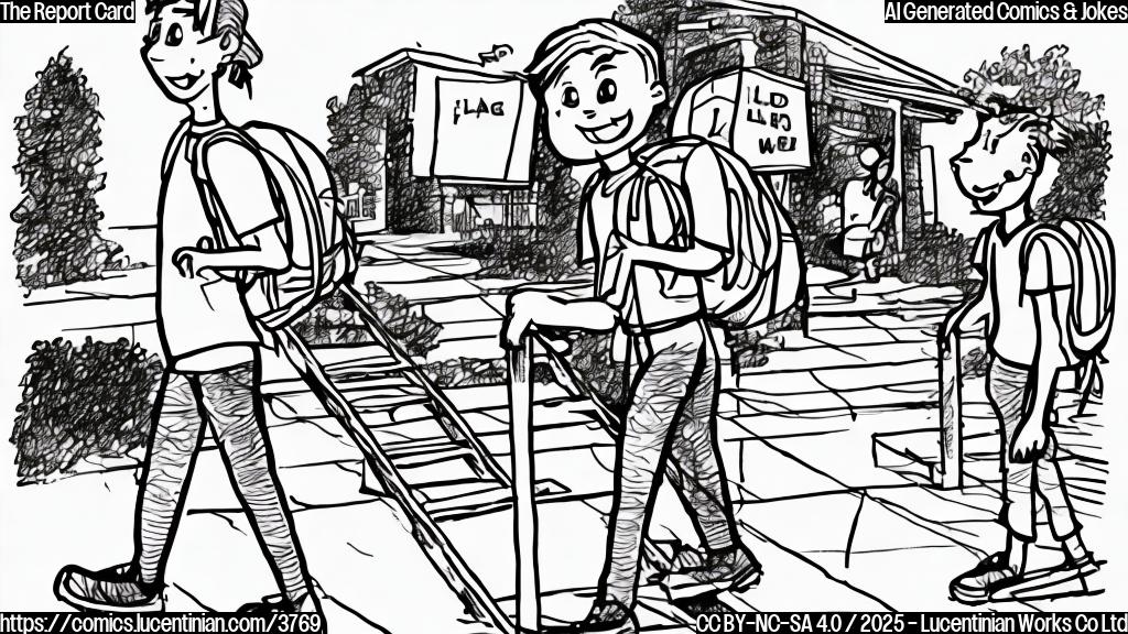 A cartoon drawing of a student bringing a ladder to school, plain colors. The student is wearing a backpack and a school uniform. The school is in the background, simple design.