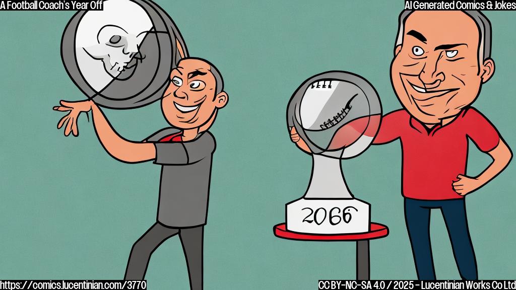 A cartoon drawing of a football coach in a plain color style, smiling and looking into a crystal ball showing the number 2026.