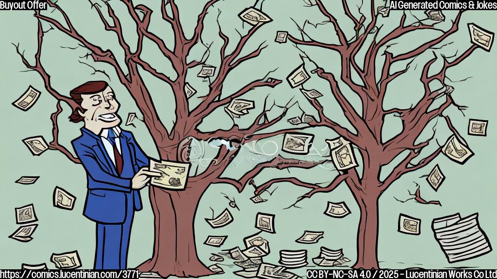 A cartoon drawing in plain colors of a tree with some dead branches falling off. A figure in a suit is standing below, holding a money bag. Style: Simple, flat color cartoon.