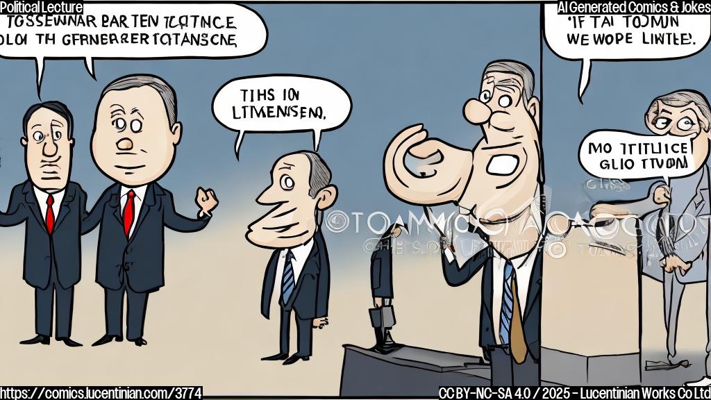 A cartoon drawing of two politicians in a plain color cartoon style. One politician is wearing a suit and has a determined expression. The other politician is looking frustrated and has his hands up in the air. The background is plain light beige. One speech bubble comes out of the frustrated politician’s mouth showing the statement “I’m not going to take lectures from someone who a year ago didn’t think Donald Trump should be president!”, and the other speech bubble comes out of the other politician’s mouth showing only question marks.  The style is plain, no shading, no background details.  Color palette: light beige, dark brown, grey, light grey, white