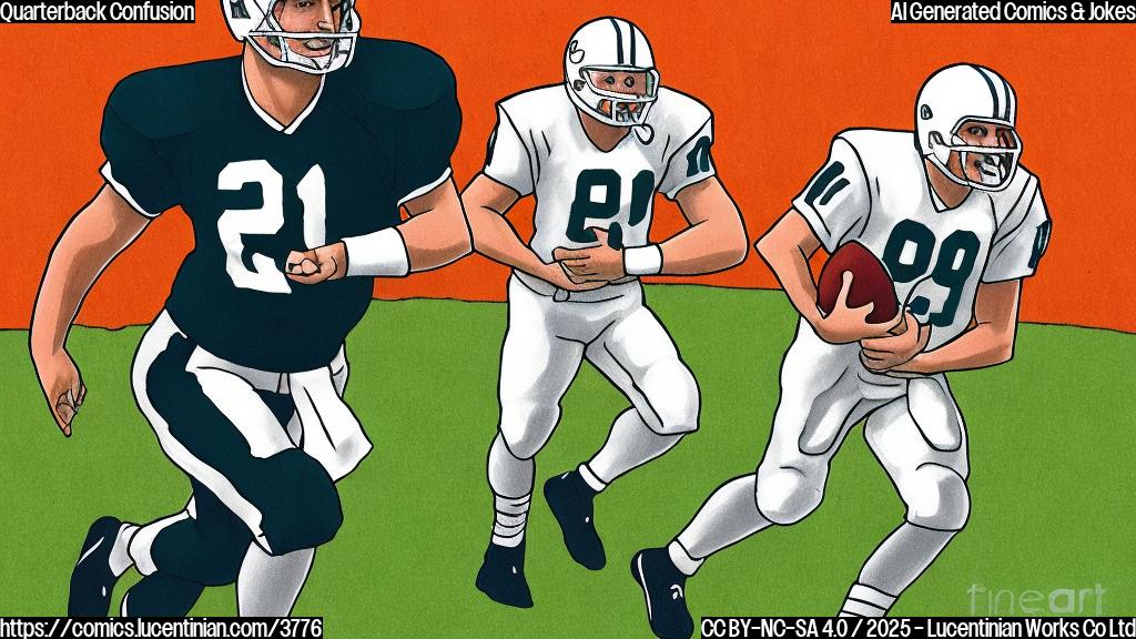 A cartoon drawing of a quarterback in a simple, plain color style, carrying a ladder onto a football field. The background is a simple, plain green field with white lines. The quarterback is wearing a simple football uniform and helmet. The style should be similar to a child's drawing.