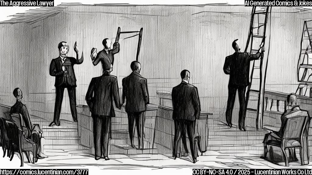 A cartoon drawing of an aggressive lawyer in a dark suit, carrying a ladder into a courtroom. The style should be simple and flat, with only a few colors. The courtroom should be simple, with a judge's bench and some audience seats.