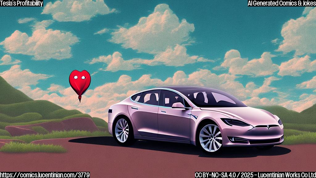 A cartoon drawing in plain colors of a Tesla car driving off a cliff, with a sad face on the car and a speech bubble saying "Oops!". The background is a simple, flat landscape. The style is simple and minimalistic.