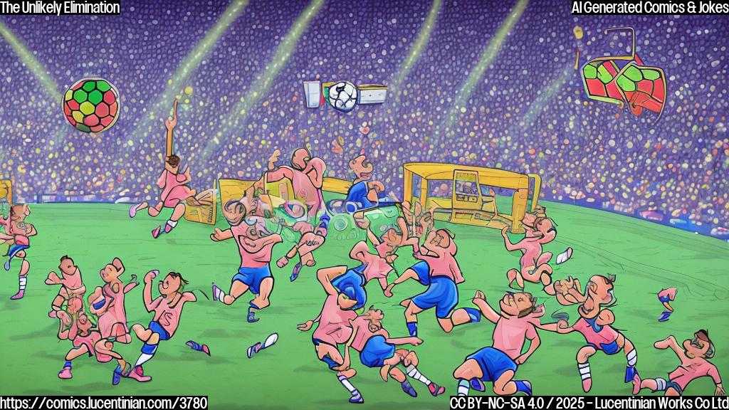 A simple cartoon drawing in plain colors of a soccer team jumping in celebration, with a large scoreboard in the background showing a very high score for the celebrating team, but the team is still eliminated. The style should be simple, like a child's drawing. Use only simple shapes and plain colors.