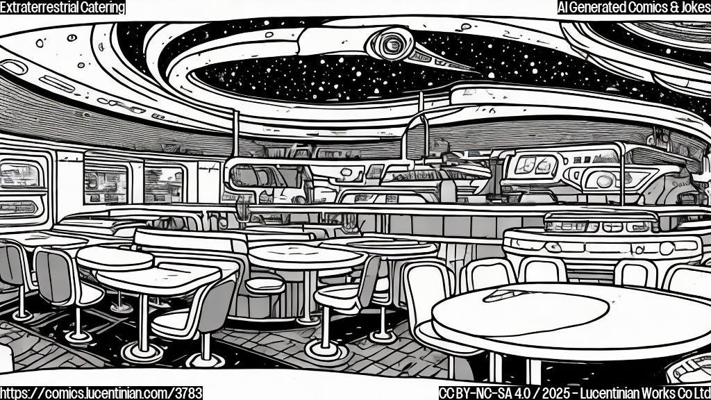 A cartoon drawing in plain colors of a futuristic space diner. The space diner has large windows looking out to space with asteroids and stars visible. The diner is round shaped, with simple details. The color palette is limited to blues, grays and purples, and only flat colors are used. The cartoon style is plain and without any complex shading. Some small alien-like creatures are seated at a table inside the diner, and one is reaching for a cocktail.