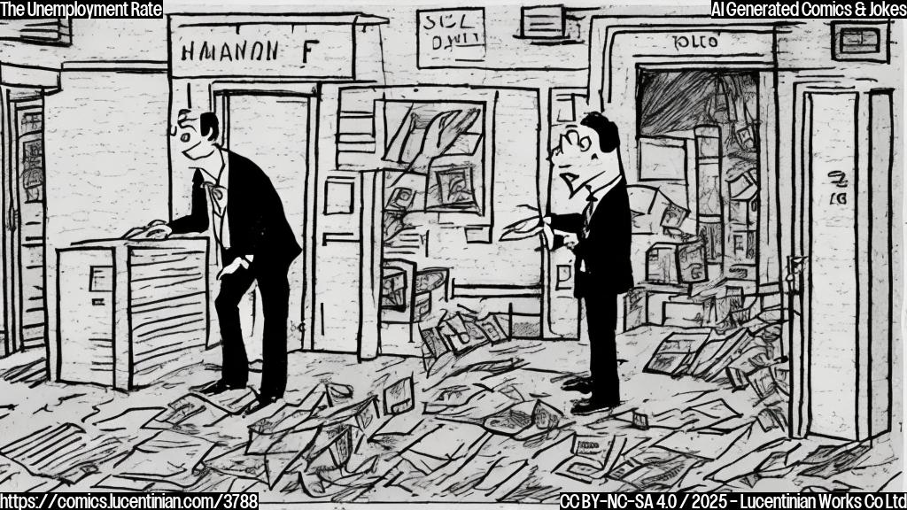 A simple cartoon of a person in suit and tie getting fired from a building. The scene is in plain color, without any background. The person looks sad and holds a box labeled "personal belongings".