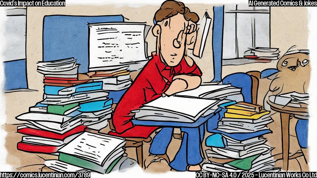 A simple cartoon drawing in plain colors, depicting a student with messy hair and sleep-filled eyes sitting at a desk, a pile of books beside him, a red "F" on an exam paper.  The background should be a plain light blue color.