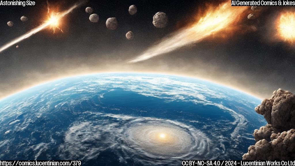 A large, planet-sized meteorite hits Earth's surface, causing massive tsunamis and altering global oceans. Describe a cartoon-style image of this event in a plain color style.