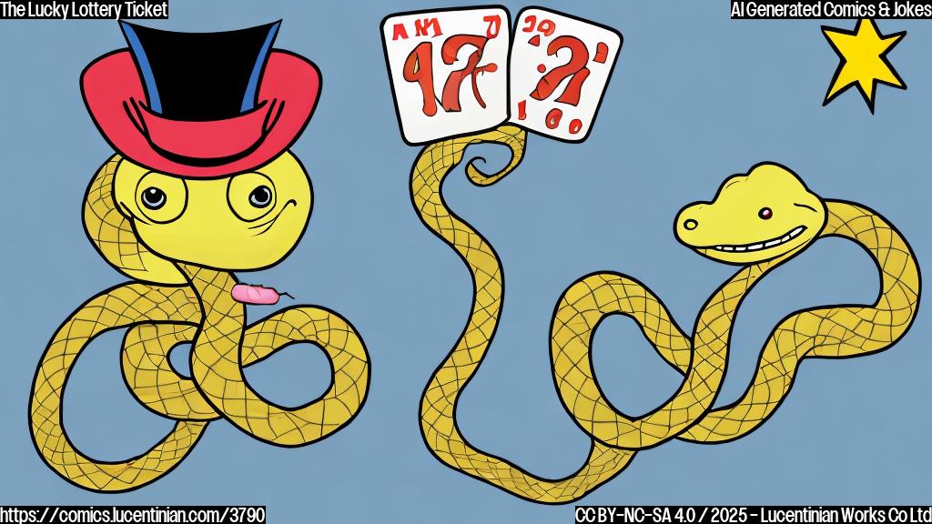 A cartoon snake wearing a tiny top hat and holding a giant lottery ticket, simple flat colors, plain background