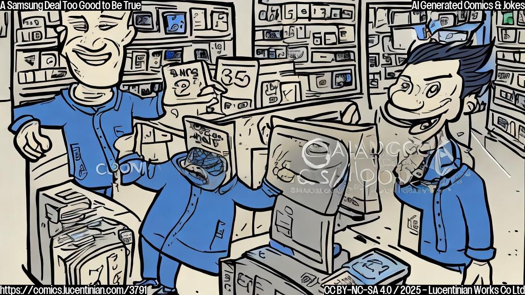 A simple cartoon drawing in plain colors of a man running out of a store with wide eyes and a panicked expression, leaving behind a large smartphone labelled "Galaxy S25 Ultra" with a big price tag on it showing a very low price. The store sign is labelled "Samsung".