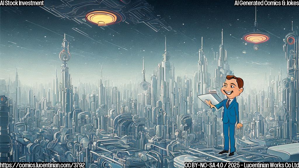 A simple cartoon drawing, plain color palette, of a smiling person in a suit holding a computer chip and a stock certificate,  looking upward toward a futuristic cityscape rising into the sky. The style is reminiscent of old-fashioned cartoon advertisements, with bold outlines and flat colors.