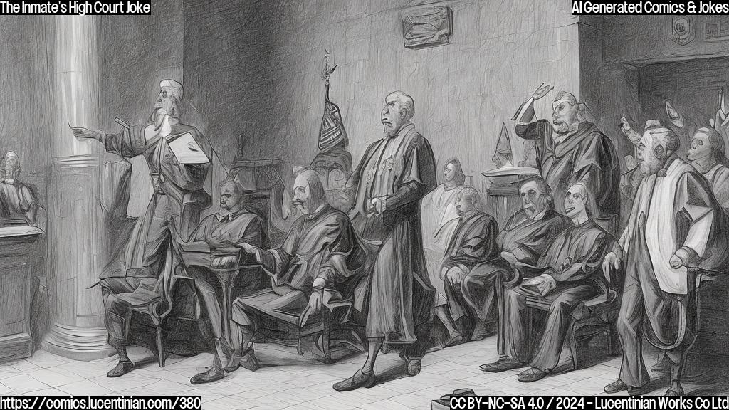 Draw a plain color cartoon style picture of a person standing in front of a judge's bench, holding a ladder and looking up at the judge with a serious expression, while the judge looks surprised and asks "What's this?"