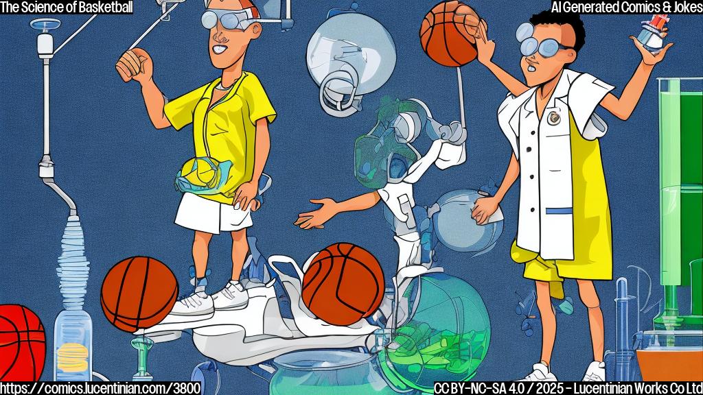 A cartoon drawing in a plain color style of a basketball player with a lab coat and goggles dribbling a basketball with test tubes and flasks in the background. The drawing should be simple and playful, like a children's drawing, using primarily shades of blue and green.