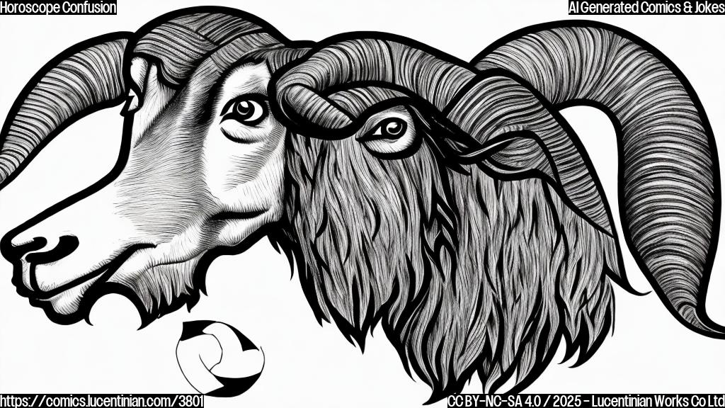 A simple cartoon of a ram with a confused expression looking at a torn piece of paper with astrological symbols. The drawing should be in one color, like a deep blue.