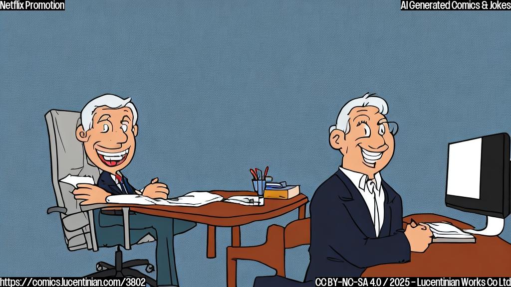 A simple cartoon of a person in a business suit, smiling broadly, sitting behind a large desk with a Netflix logo on it. The background is a plain light-blue color. The style is plain and uses only three colors: black, red and light blue.  The cartoon should be in a simple, clean style, suitable for a child's book.