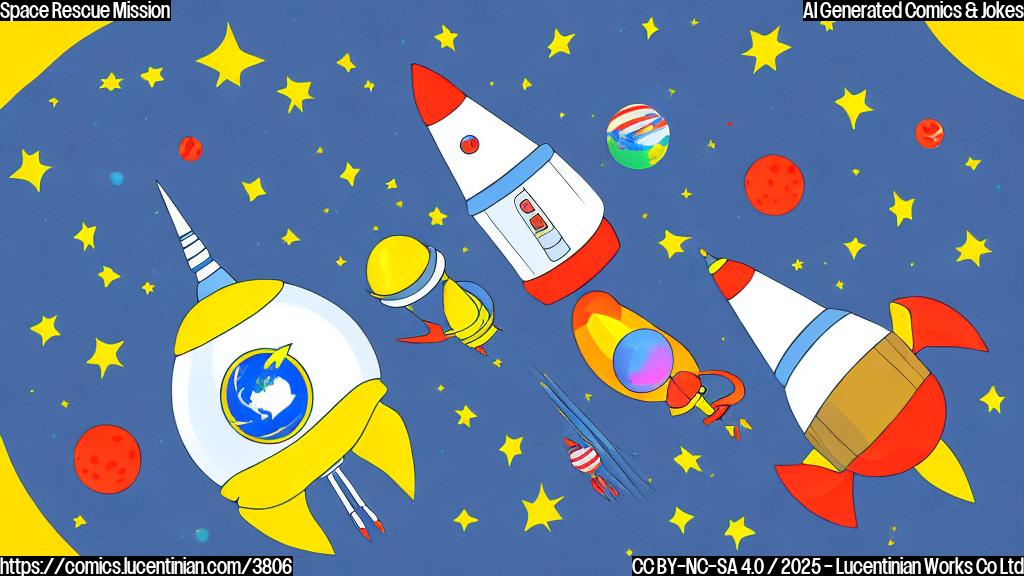 A cartoon drawing of two astronauts in simple, solid colors waving from a small spaceship, with a larger, cartoonish SpaceX rocket in the background.  The style should be simple and flat, like a children's book illustration. Use only primary colors (red, yellow, blue).