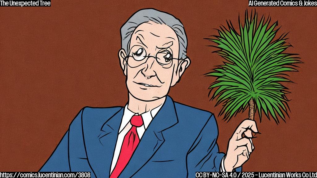 A cartoon drawing in a single color, of a person in a suit holding a small palm tree while looking shocked. The background is a simple depiction of a senate hearing room.