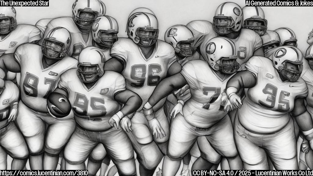 A cartoon drawing of a large, friendly-looking offensive lineman in a simple football uniform, smiling broadly, surrounded by smaller figures representing other players and coaches who are looking up to him with admiration. The style should be plain color, no shading, and only a few basic colors are used. The background should be a simple plain color.