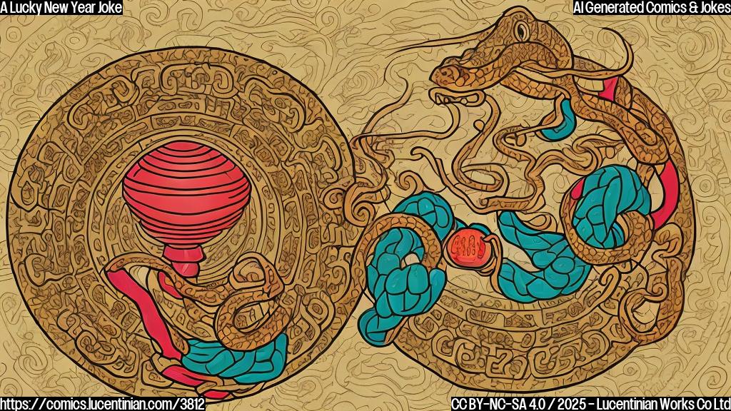 A cartoon illustration in a plain color style depicting a fortune teller, a snake, and some Chinese-style decorations. The fortune teller is a round figure wearing traditional attire, with a serious expression. The snake is coiled and is shown in light colors. Decorations include some lanterns and a Chinese knot.