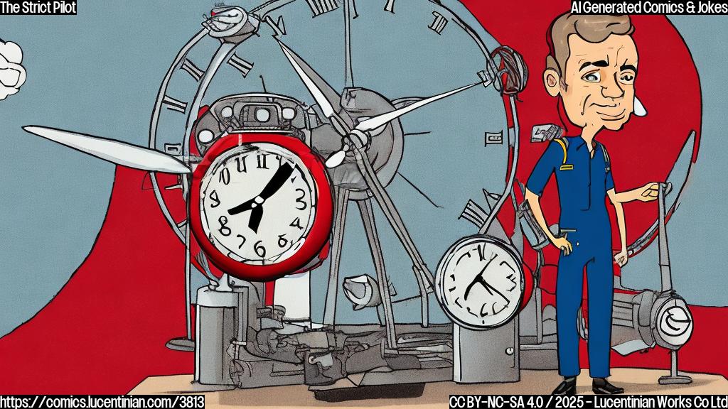 A cartoon of a pilot with a big clock in his hand, looking stressed and with a plain red background.