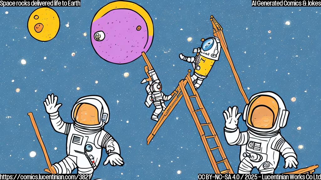 A cartoon drawing of an astronaut in a spacesuit holding a ladder and giving a high-five to a large space rock with a smiling face, in a plain color style, simple background