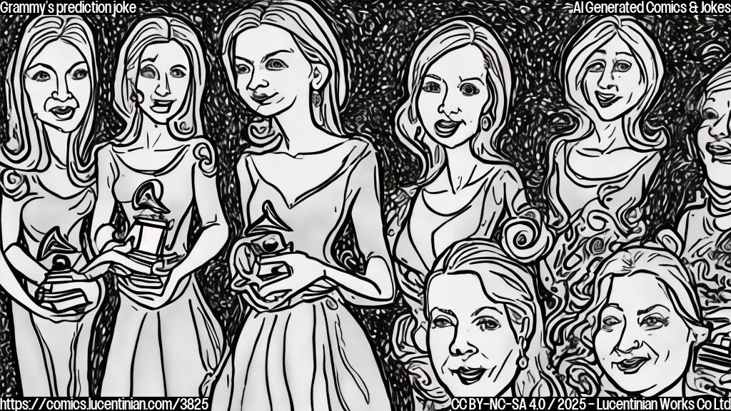 A cartoon drawing in plain colors of four women in elegant dresses, holding Grammy awards, looking surprised and happy,  with a small cartoon of a band, the Beatles, in the background, with unhappy faces, in a style similar to the drawings in the children's books.