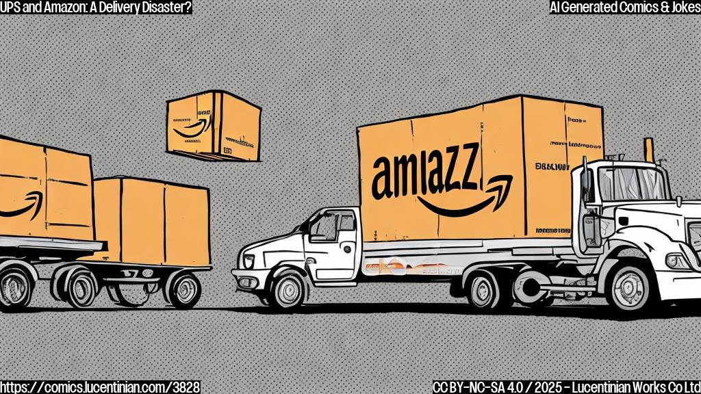 A cartoon drawing of a plain brown UPS truck with the company's logo being delivered to an oversized Amazon box, which is also being delivered to another oversized Amazon box; the style is simple and uses only a few flat colors. 