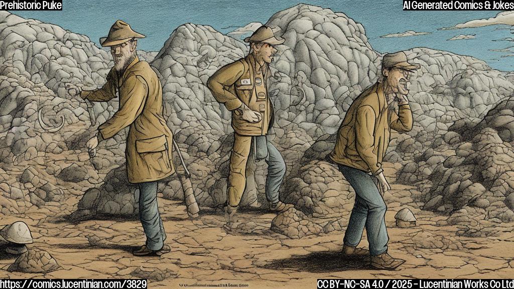 A simple cartoon drawing in plain colors, depicting a paleontologist looking disgusted at a large, lumpy, partially-fossilized object that is partially unearthed from the ground. The object has various small, identifiable shapes partially embedded in it. The paleontologist is wearing a khaki hat and jacket.